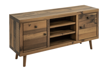 Rustic wooden media console featuring two drawers, two open shelves, and distressed details. Its warm tones and tapered legs offer stylish storage for living spaces. background removed