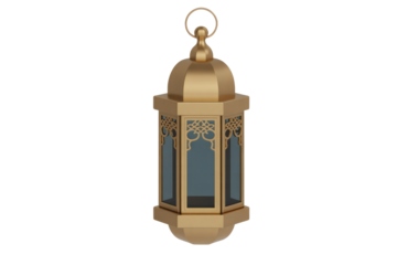 A beautiful 3D rendered golden Islamic lantern with intricate patterns and glass panels, perfect for Ramadan or Eid. background removed