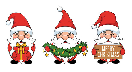 Festive Santa Claus Trio Celebrating Christmas with Gifts, Garland, and Greetings