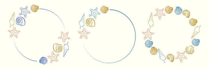 Vector hand drawn seashell frame set with starfish, shells, and marine elements in pastel colors. Perfect for summer cards, invitations, beach wedding designs, and sea-themed projects.