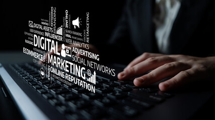 A businessman works diligently on a digital marketing strategy, surrounded by creative graphics...
