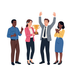 Obraz premium Diverse group of business people celebrating a team victory with a trophy.