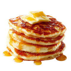 Fluffy pancakes are stacked high with melted butter and syrup dripping down, creating a delicious breakfast scene