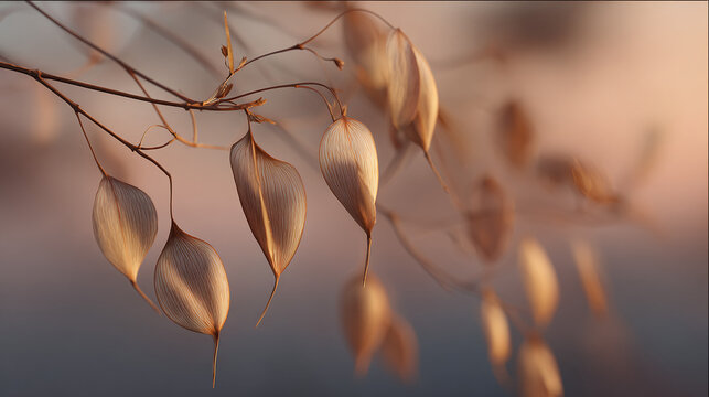 Close-up of delicate dried oat flowers, illuminated by soft sunlight. A subtle aesthetic of nature's beauty