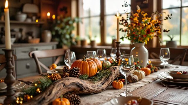 Autumn dining table decorated with pumpkins, candles and rustic elements