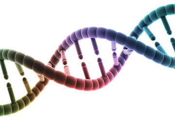 Vibrant 3D rendering of a DNA double helix, showcasing its iconic spiral structure with a captivating color gradient against a solid transparent background. background removed