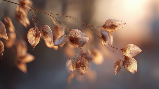 A close-up shot of delicate, dried seed pods bathed in warm sunlight, evoking a sense of fragility and the passage of time.