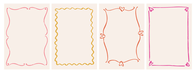 Hand-drawn vintage cards with frames for Valentine s Day, weddings, and invitations. Vector illustration. Playful sketch-style frames.