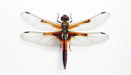 Symmetrical top-down view of dragonfly with four transparent veined wings, segmented body in orange, black, and blue, placed on white background.