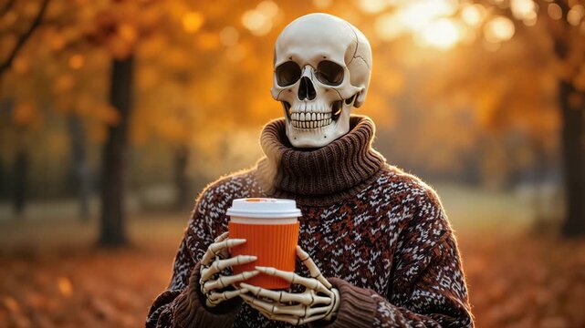 Skeleton in autumn park holding coffee cup