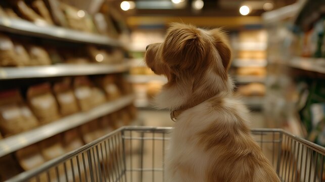 Supermarket deals with a shopper’s back view facing grocery store shelves with pet food, reflecting consumer choice in a retail supermarket. Plastic leash in cart, paper grocery list nearby, store