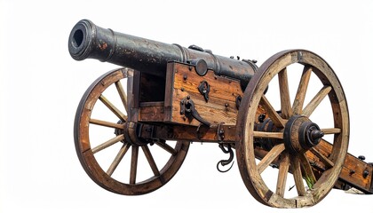 Old-fashioned metal cannon mounted on timber carriage with large spoked wooden wheels, reinforced with metal brackets, isolated on white background.