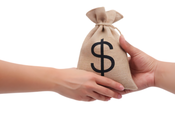 Two hands exchanging a burlap money bag, with a dollar sign, cutout, PNG isolated on white or transparent background exchange