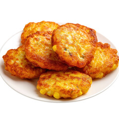Golden-brown corn fritters piled on a plate, ready to be enjoyed as a tasty snack or appetizer any time of the day