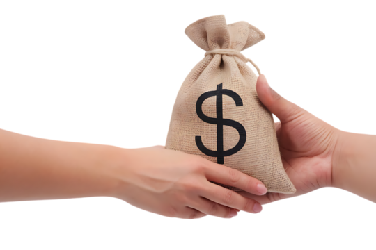 Two hands exchanging a burlap money bag, with a dollar sign, cutout, PNG isolated on white or transparent background exchange