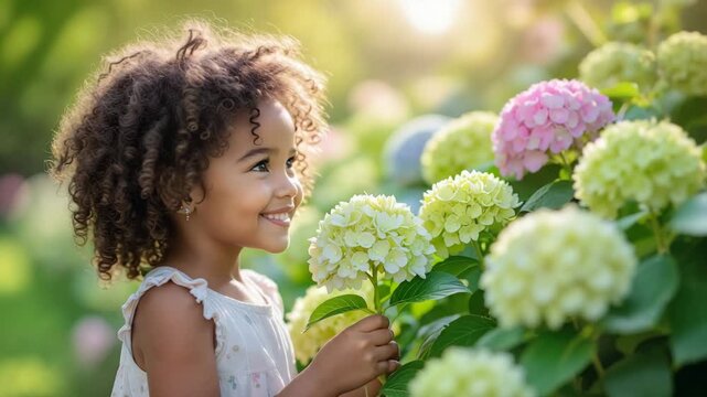 Smiling girl enjoying blooming hydrangeas in sunny garden