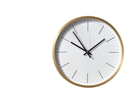 Minimalist wall clock, white face, gold trim on black backdrop - Powered by Adobe