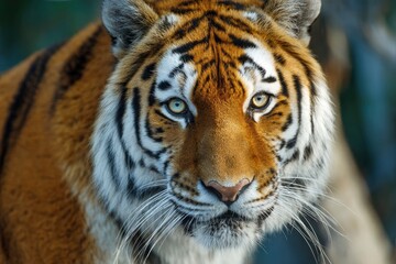 Fototapeta premium A captivating close-up portrait of a majestic large feline, showcasing its distinctive orange and black striped fur with stark white accents around its striking, light-colored eyes. The animal gazes d