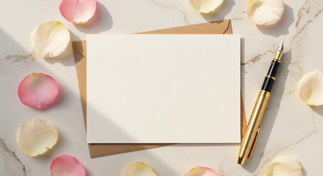 Love letter paper with elegant pen and rose petals on marble surface, romantic message preparation