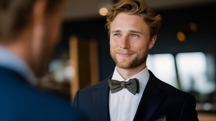 Butler showing visible surprise after receiving unexpected compliment from high-status guest, emotion of disbelief and joy captured, representing rare emotional acknowledgment in discreet