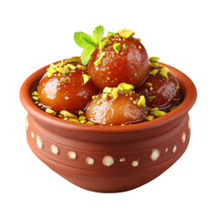 Soft gulab jamun balls soaked in syrup, garnished with pistachios and mint, presented in a traditional clay pot