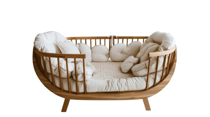 Wooden crib with white pillows on transparent background