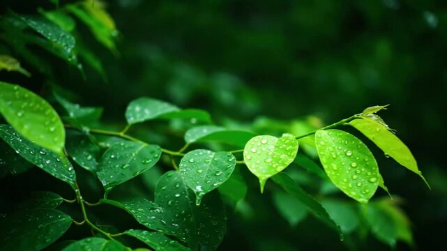 A close-up view of a lush green branch with fresh leaves covered in glistening water droplets after a rain shower.