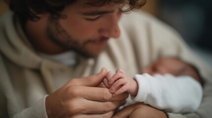 Father softly holding newborn’s tiny hand for the first time, emotion of awe and devotion visible, representing human connection, tenderness, and emotional awakening through parenthood and