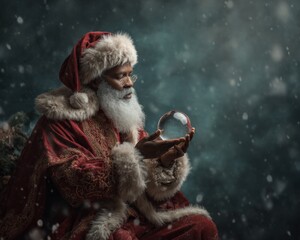 A Majestic Santa Claus Clutching a Snow Globe Amidst a Winter Wonderland, Embracing the Magic of the Holiday Season