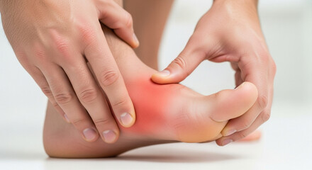 Naklejka premium Man checking sprained ankle with visible redness and inflammation, injury assessment and pain relief