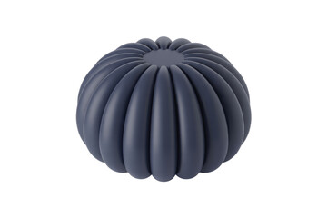 Dark blue spherical 3D object with vertical ribs, resembling a modern pumpkin or plush ottoman, set against a solid transparent background. background removed