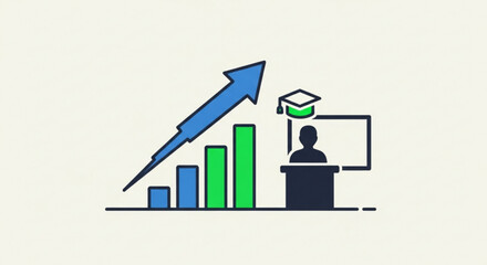 Education growth chart with arrow and teacher icon for academic success and career development planning