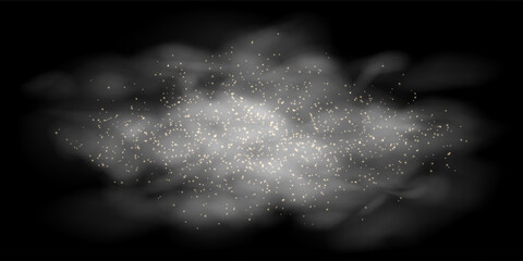 Naklejka premium Magic white cloud of mist on black bg with sparkling stars. Mystic sky and smog or mysterious fog. Grey vapour with golden sparks. Vector illustration with gradient mesh and overlay effects.