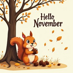Hello November greeting with cartoon squirrel holding nut under autumn tree. Falling leaves and acorns on warm beige background. Cozy seasonal illustration for cards, packaging, and social media.