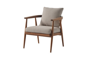 Stylish modern accent chair with a sleek wooden frame and comfortable light beige fabric cushions, perfect for contemporary living spaces. background removed