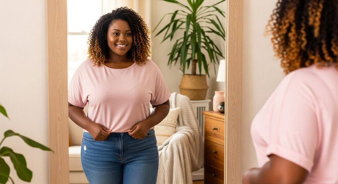 Plus size woman smiling at reflection in mirror, body positivity and self-love concept - Powered by Adobe