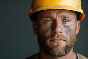 Portrait of a construction worker wearing a yellow hard hat and a beard. He is dirty and exhausted with a gray background. The face shows his work, dedication, and commitment.