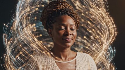 A woman immersed in tranquility as vibrant light swirls around her, creating a magical atmosphere. Her calm expression reveals deep joy and connection to the moment.