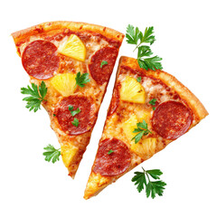 Colorful pizza slices with pepperoni, pineapple, and parsley are displayed on a clean white surface