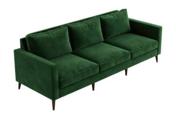 A luxurious dark green three-seater velvet sofa with a modern design and slender wooden legs, presented on a solid transparent background. background removed