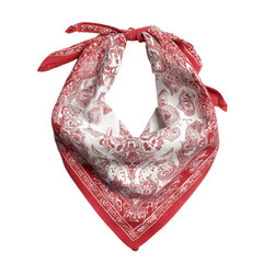 A red and white paisley bandana is styled with a neat knot, showcasing a classic look perfect for casual outfits
