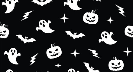 Halloween ghost pumpkin bat pattern, spooky black background, scary festive seamless design, lightning stars vector, cartoon silhouette illustration, holiday decor