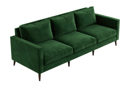 A luxurious dark green three-seater velvet sofa with a modern design and slender wooden legs, presented on a solid transparent background. background removed