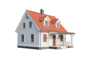 Charming white house with a vibrant orange-red tiled roof, multiple dormers, a chimney, and a welcoming front porch, isolated on green. background removed
