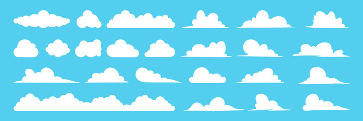 Cute cloud icons set. Collection of white cartoon clouds in flat style, isolated on a blue background. Perfect for weather graphics, and sky themed designs.