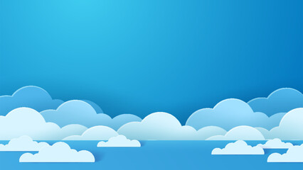 Beautiful fluffy clouds against a blue sky background. Paper cut style. Space for text. Banner header for a summer day.