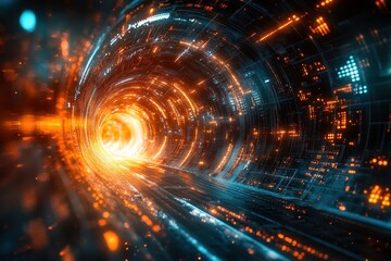 Obraz premium Exploring a bright digital tunnel with glowing orange and blue patterns in a futuristic world