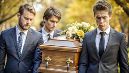 Casket bearers in formal suits carrying a wooden coffin during a funeral service in an autumn setting
