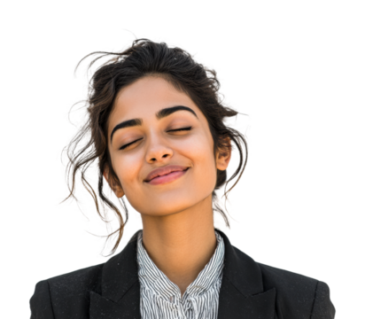Confident business woman smiling portrait positive vibes isolated on transparent background
