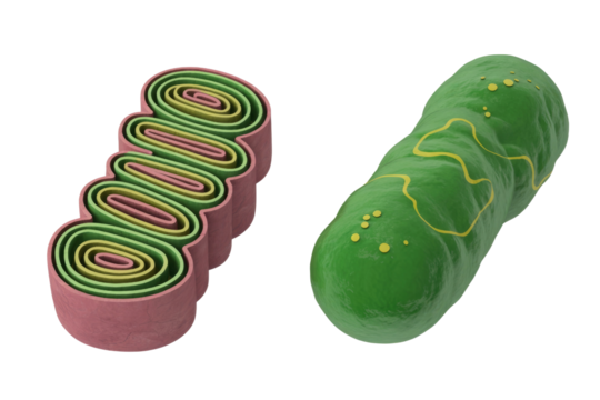 Detailed 3D renders of two distinct cellular components: a cross-section revealing internal membrane stacks and a rod-shaped bacterium with surface markings. background removed